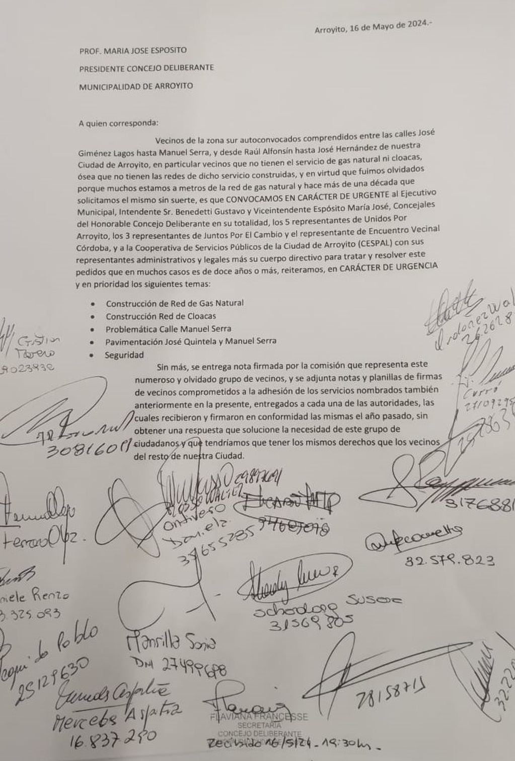 Vecinos presentaron una carta para pedir Audiencia Publica Concejo Deliberante Arroyito