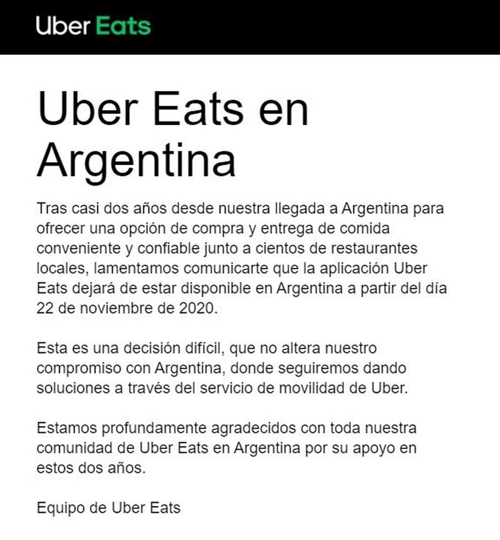 Comunicado Uber Eats Argentina (Captura)