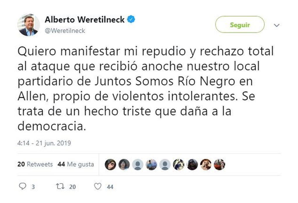 Las declaraciones de Alberto Weretilneck sobre lo sucedido (Foto: twitter/Weretilneck).