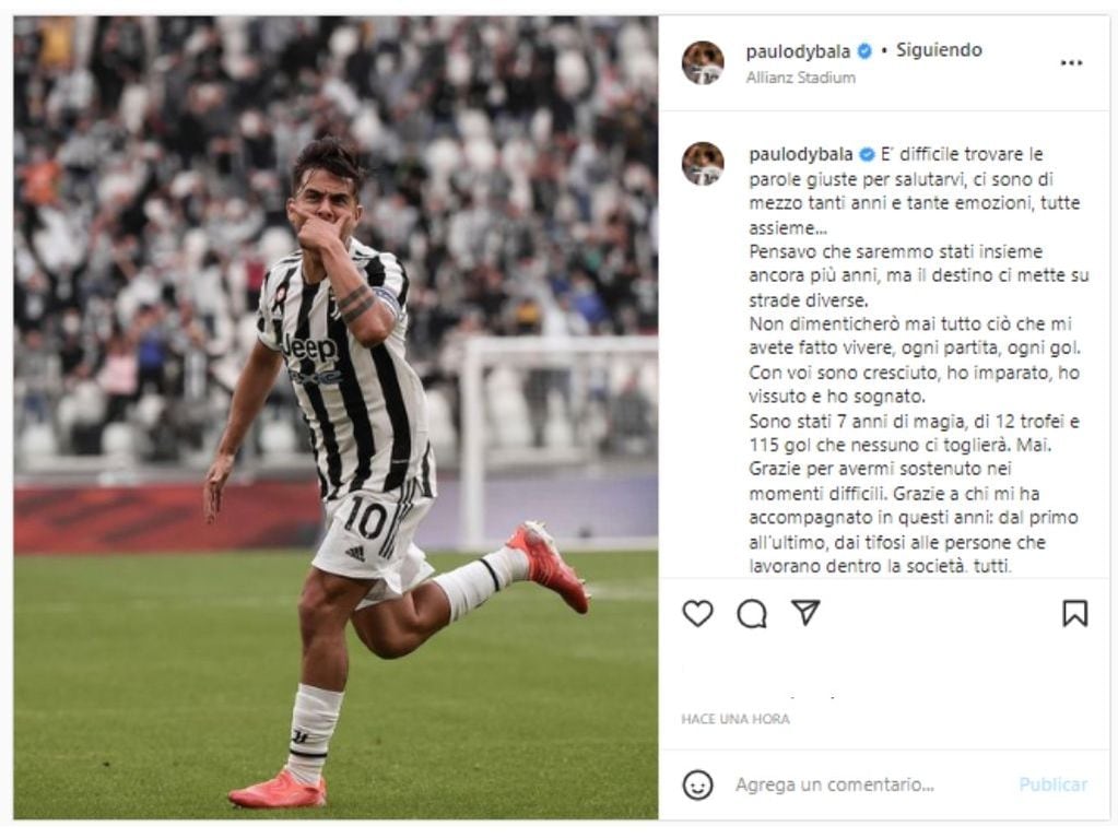 La Joya le dijo adiós a la Juventus a través de sus redes sociales.