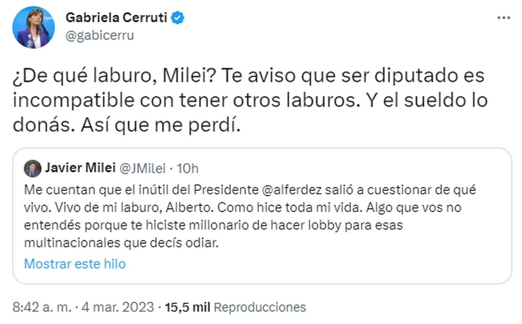 Gabriela Cerruti le contestó a Milei.