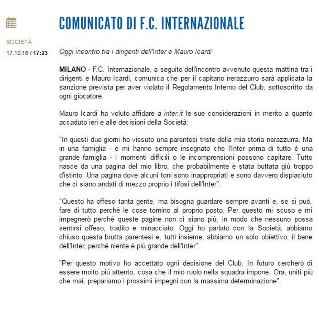 Comunicado del Inter de Milán sobre el conflicto con Mauro Icardi