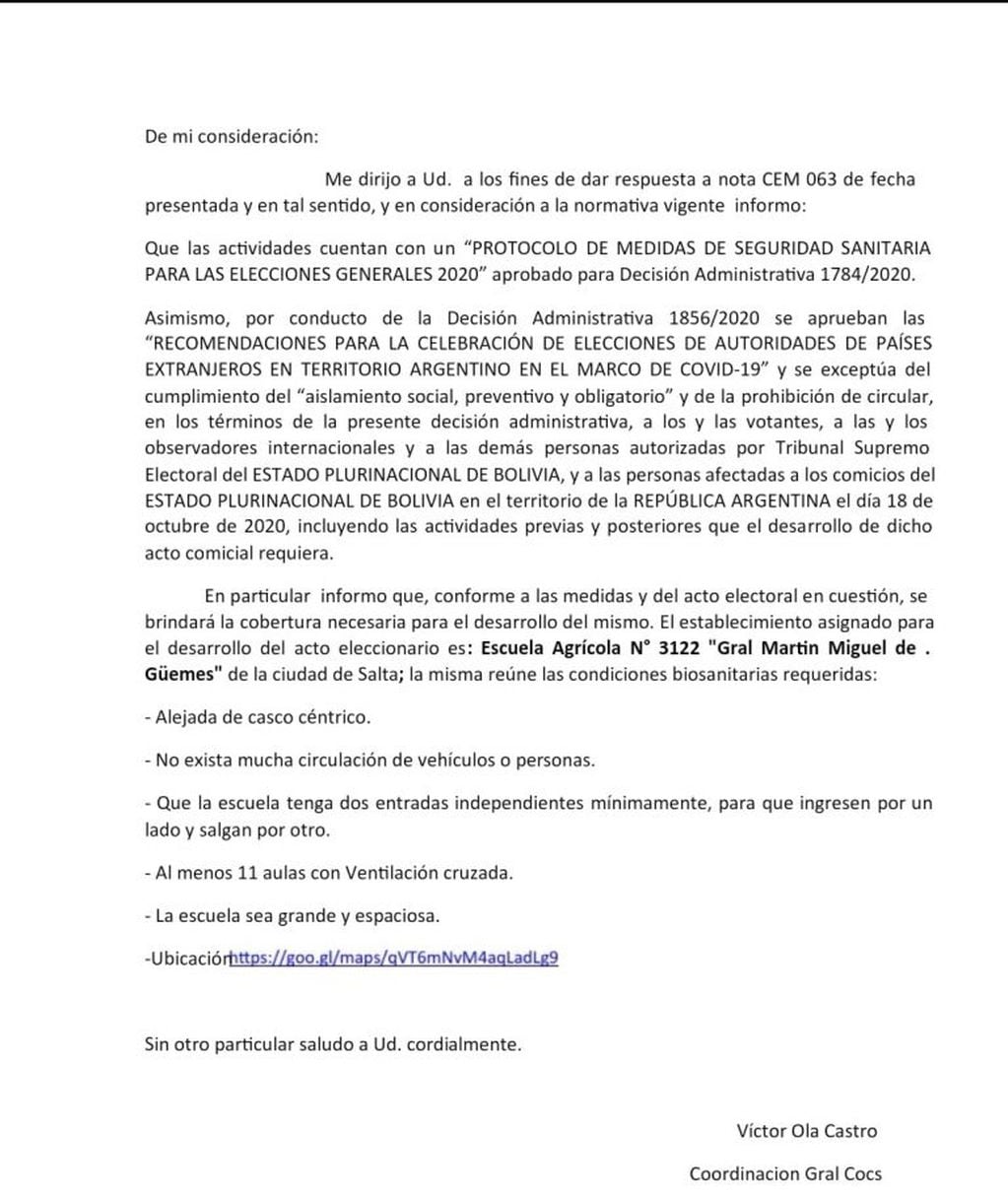 Comunicado oficial del Consulado (Facebook Consulado de Bolivia en Salta)