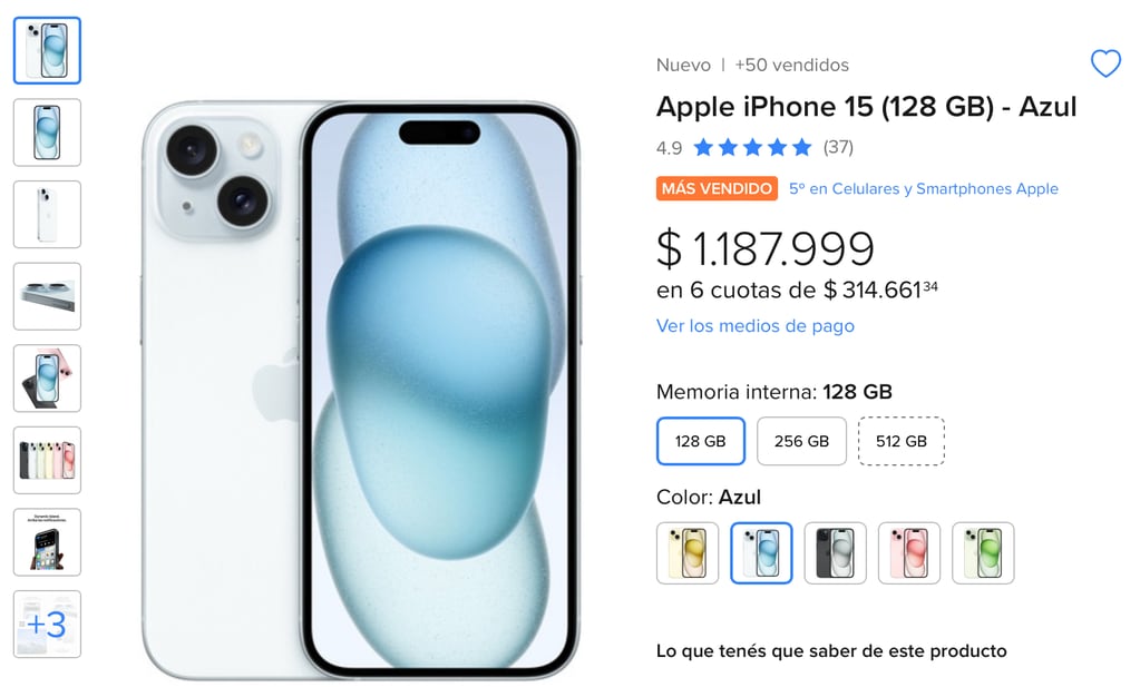 Precio del iPhone 15 de 128GB en Argentina.
