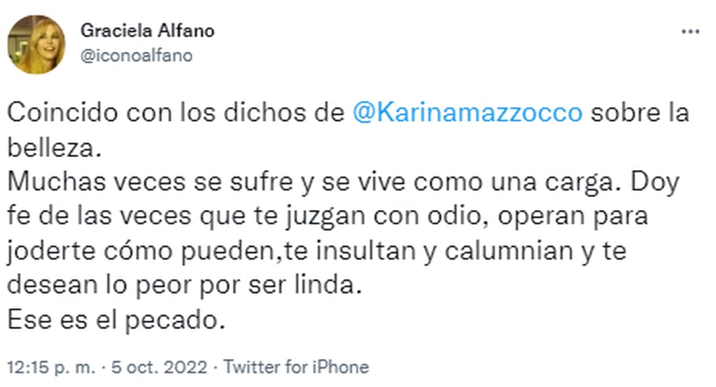 Graciela Alfano apoyó los dichos de Karina Mazzocco.