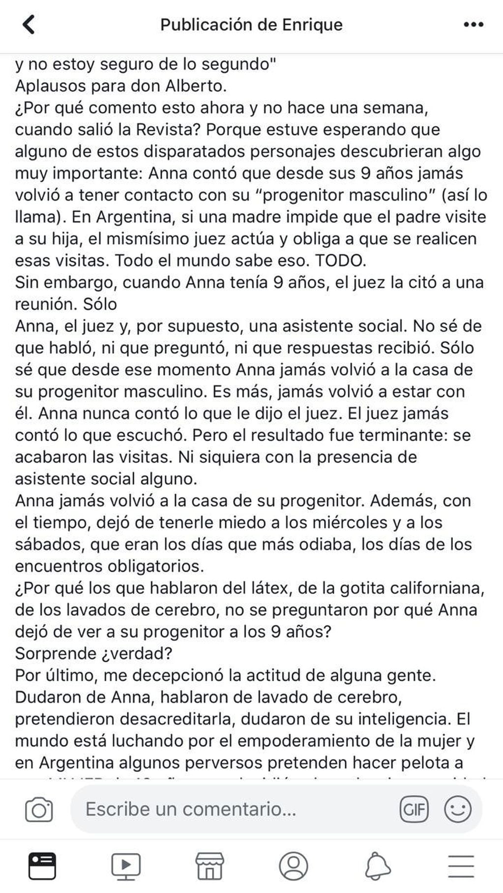 Enrique Torres, el cuñado de Andrea del Boca, publicó una dura carta en Facebook para defender a su sobrina Anna.