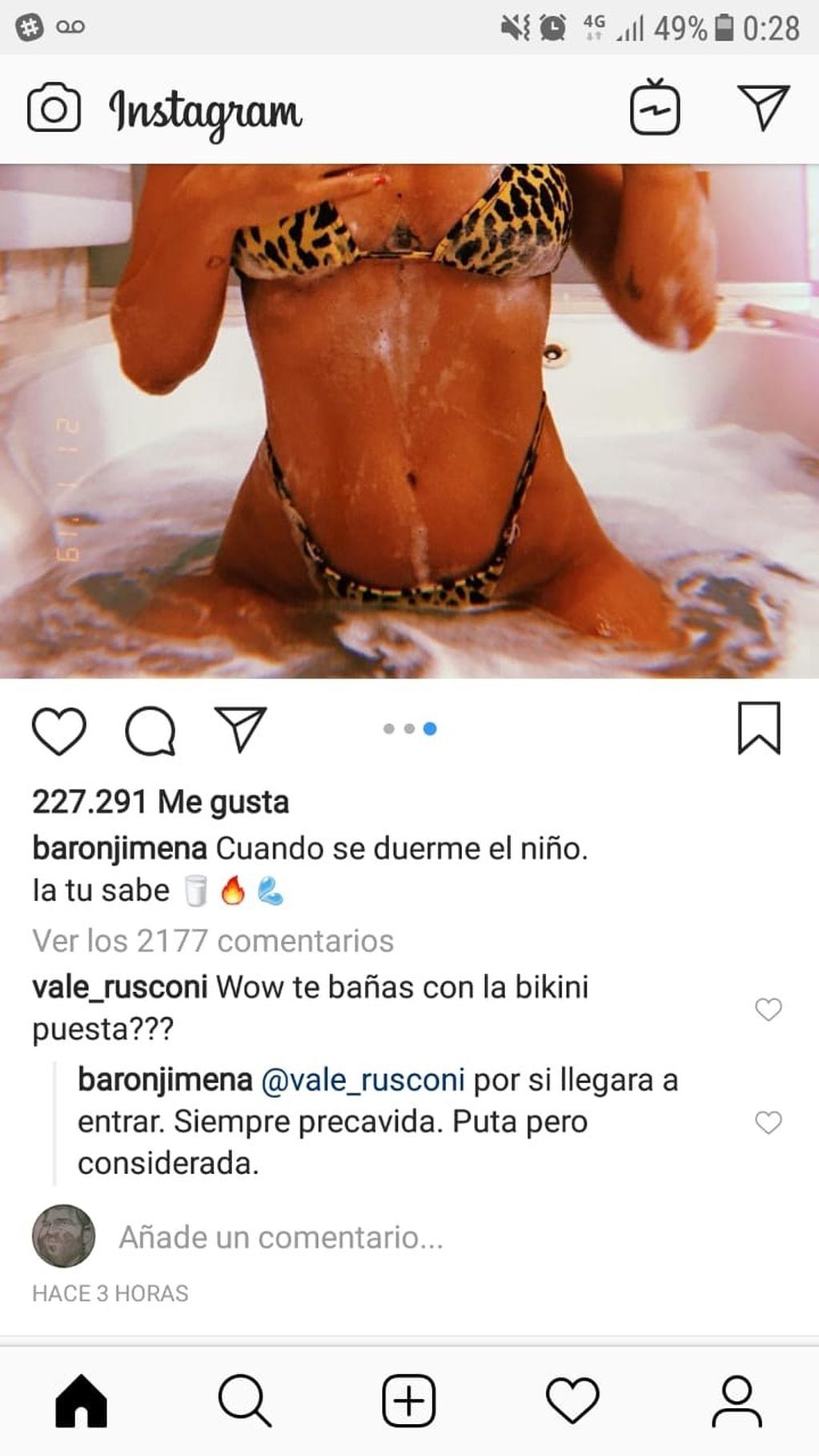 Jimena Barón le respondió a una seguidora que la criticó por usar bikini en la ducha