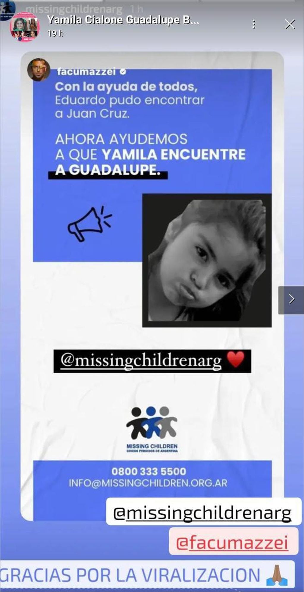 San Lorenzo se sumó a la campaña de Missing Children y compartió la imagen de Guadalupe Lucero.
