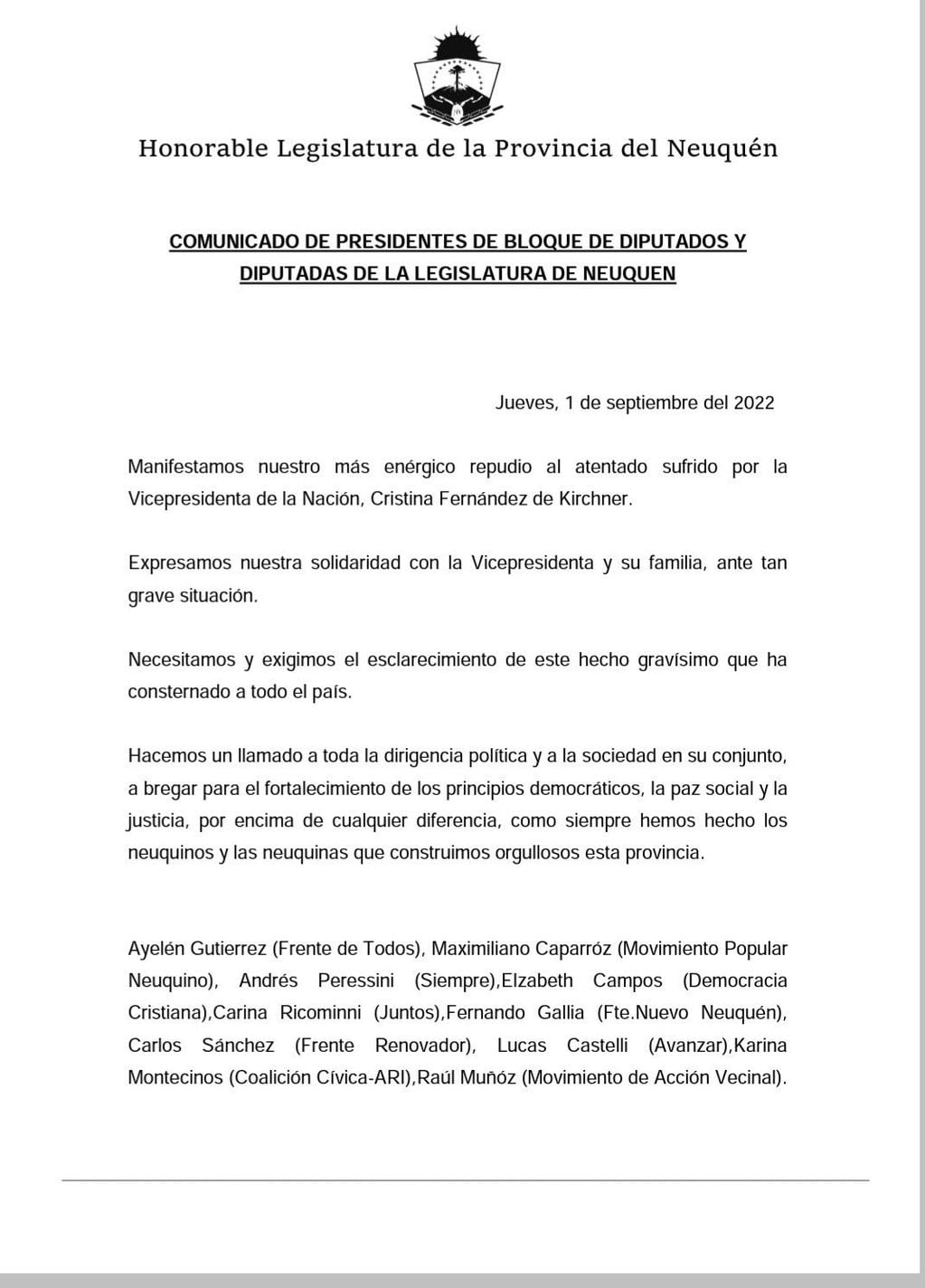 Dirigentes de todos los partidos de Neuquén repudian el atentado contra Cristina Kirchner.