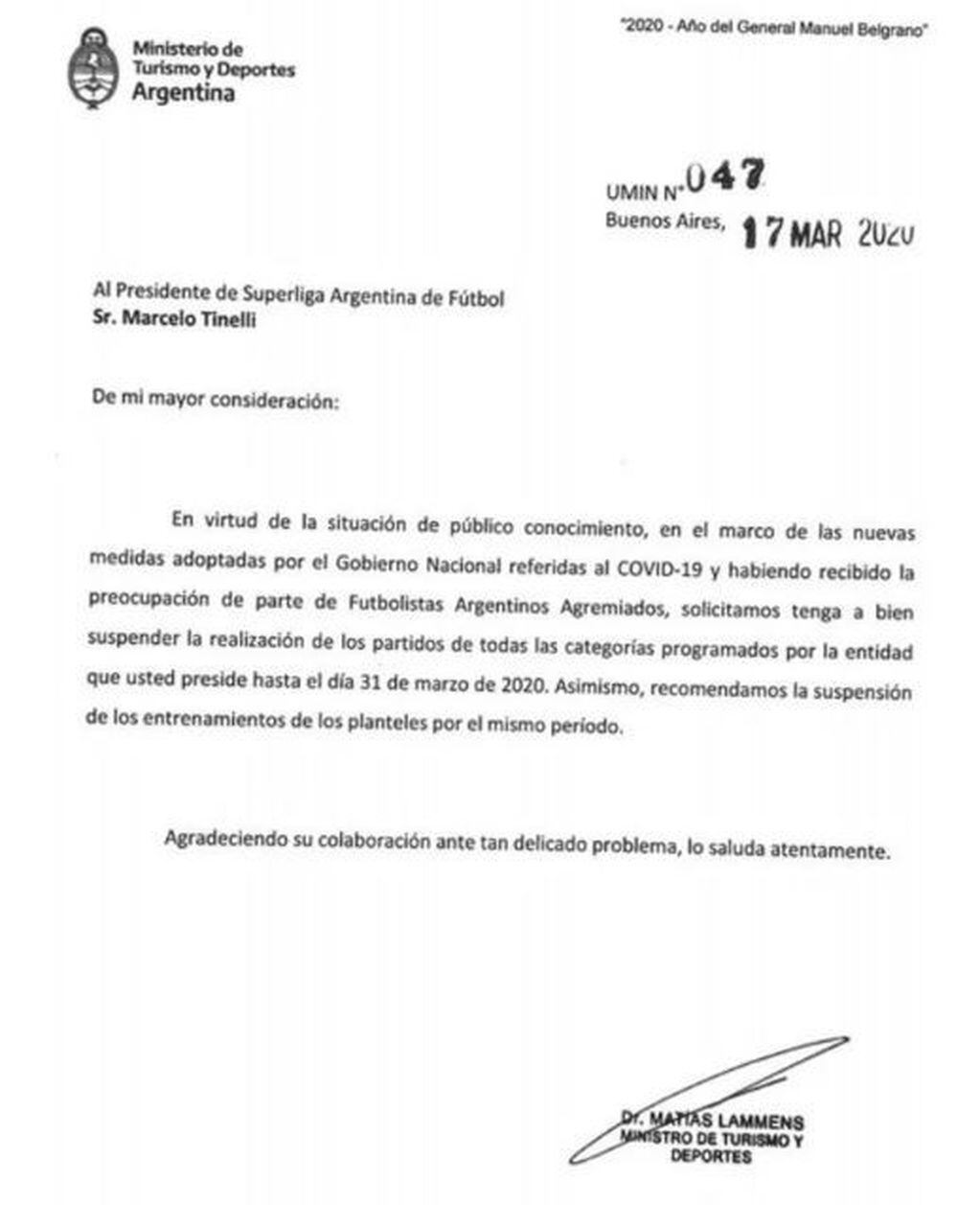 Oficializaron la suspensión del fútbol argentino: la carta que envió el Gobierno.