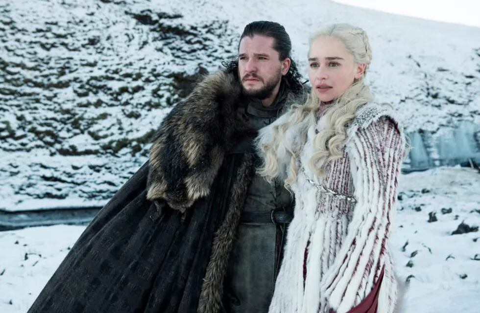 This photo released by HBO shows Kit Harington as Jon Snow, left, and Emilia Clarke as Daenerys Targaryen in a scene from \