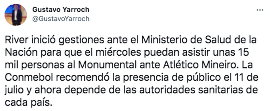 River elevó un pedido al Ministerio de Salud para jugar contra Atlético Mineiro con público.