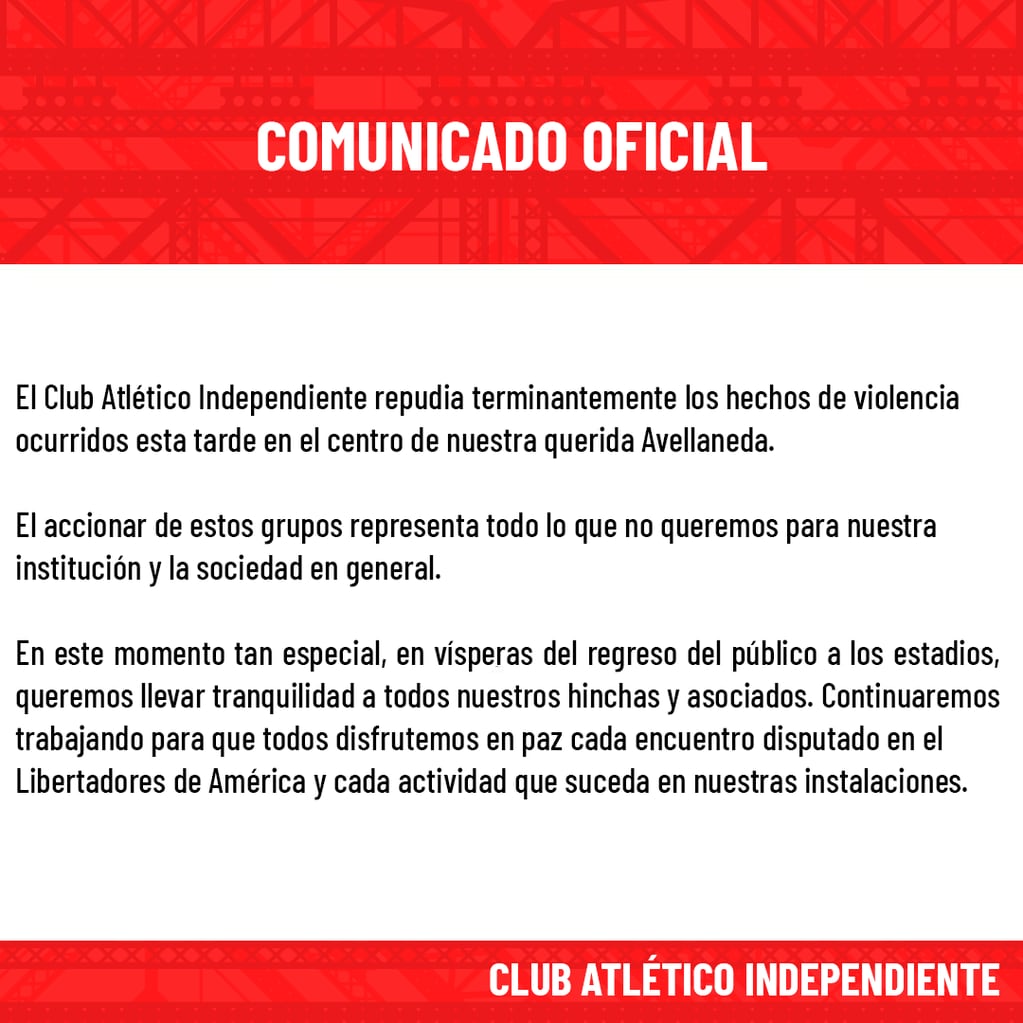 Independiente repudió el enfrentamiento entre hinchas violentos