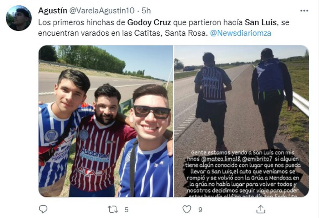 Hinchas del Tomba varados en la Ruta 7 camino hacia San Luis