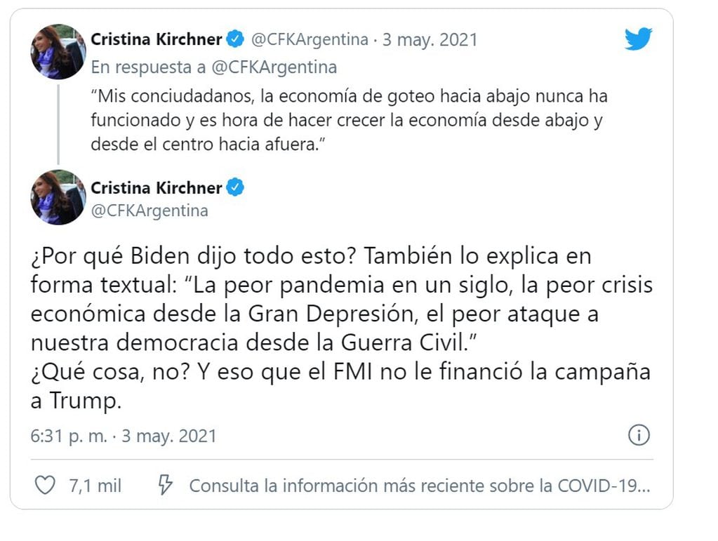 Los tuits de Cristina Fernández de Kirchner sobre el discurso de Biden