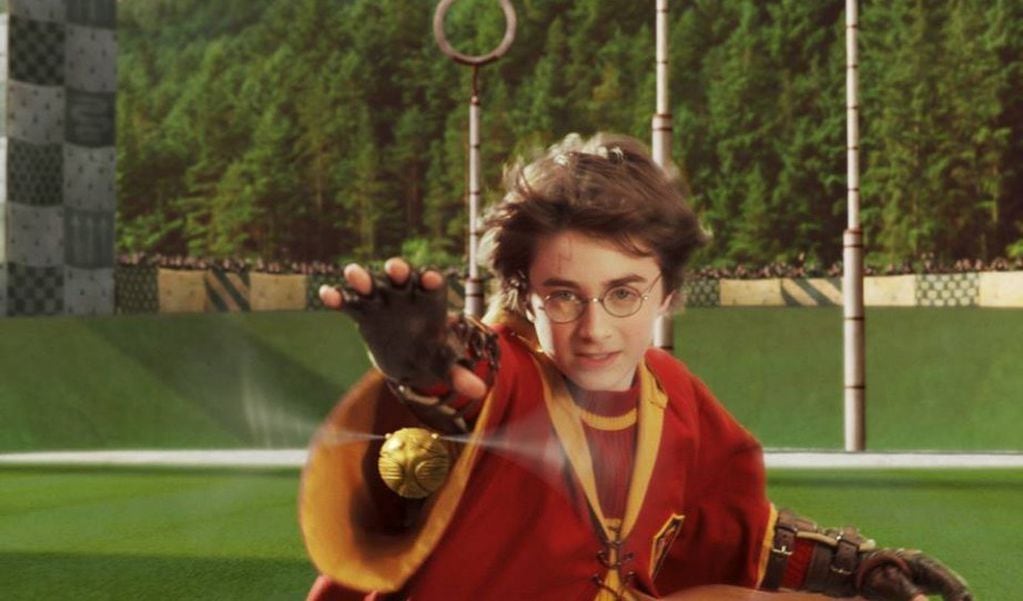 Harry Potter jugando al Quidditch.