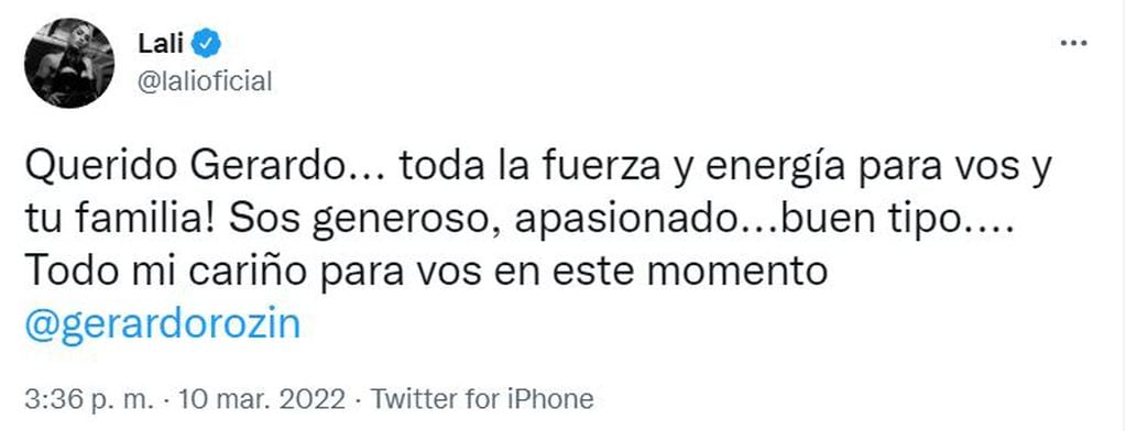 El mensaje de apoyo de Lali Espósito para Gerardo Rozín