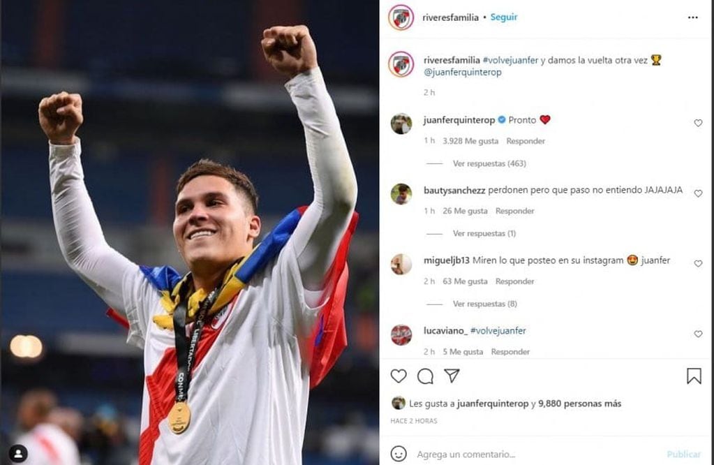 Juanfer Quintero y su guiño a los hinchas de River.