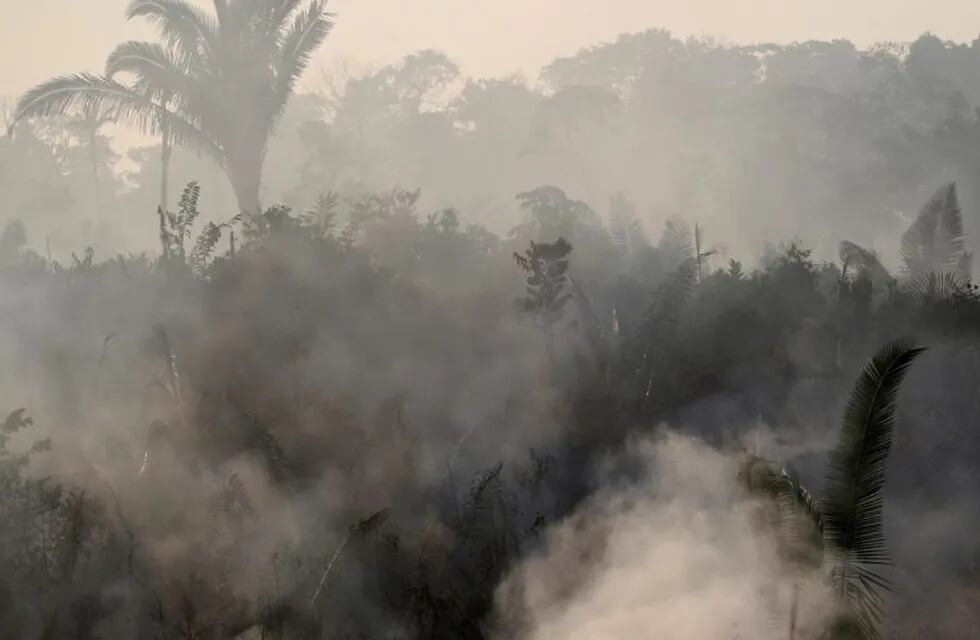Smoke billows during a fire in an area of the Amazon rainforest near Humaita, Amazonas State, Brazil, Brazil August 14, 2019. Picture Taken August 14, 2019. REUTERS/Ueslei Marcelino