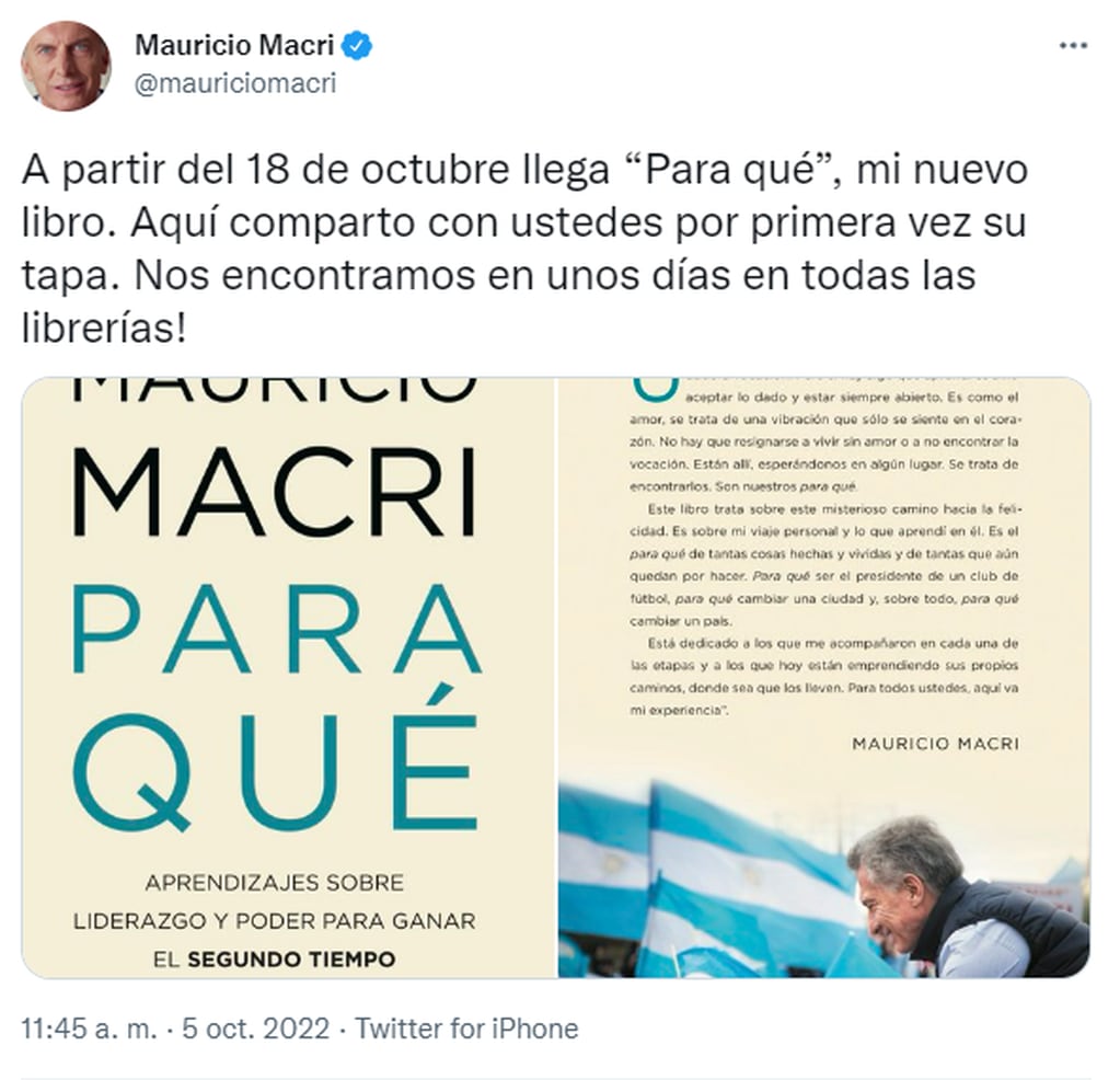 Mauricio Macri anunció que lanza su segundo libro.