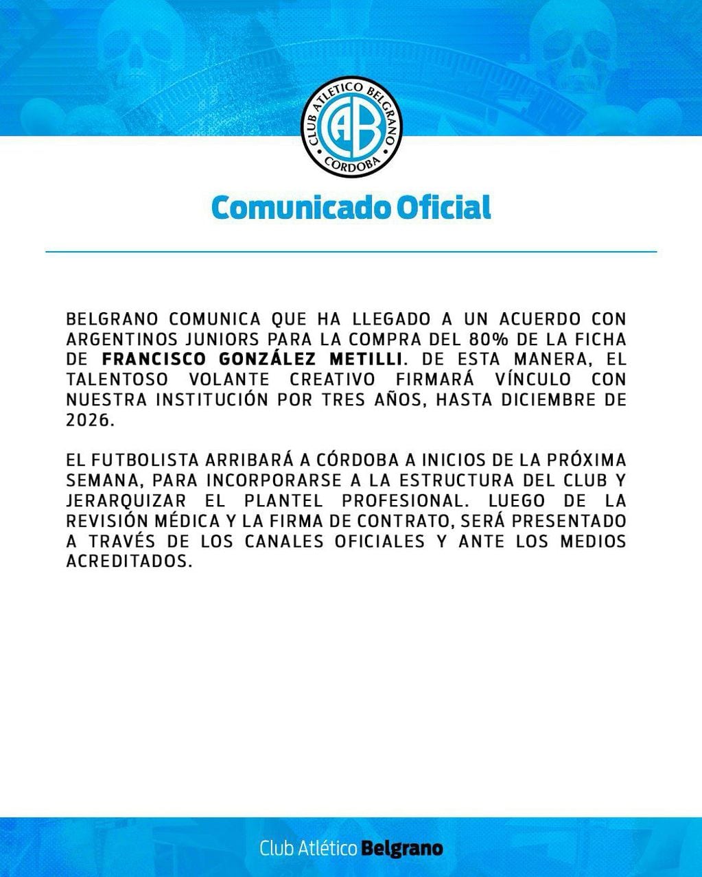 El comunicado de Belgrano confirmando a su primer refuerzo.