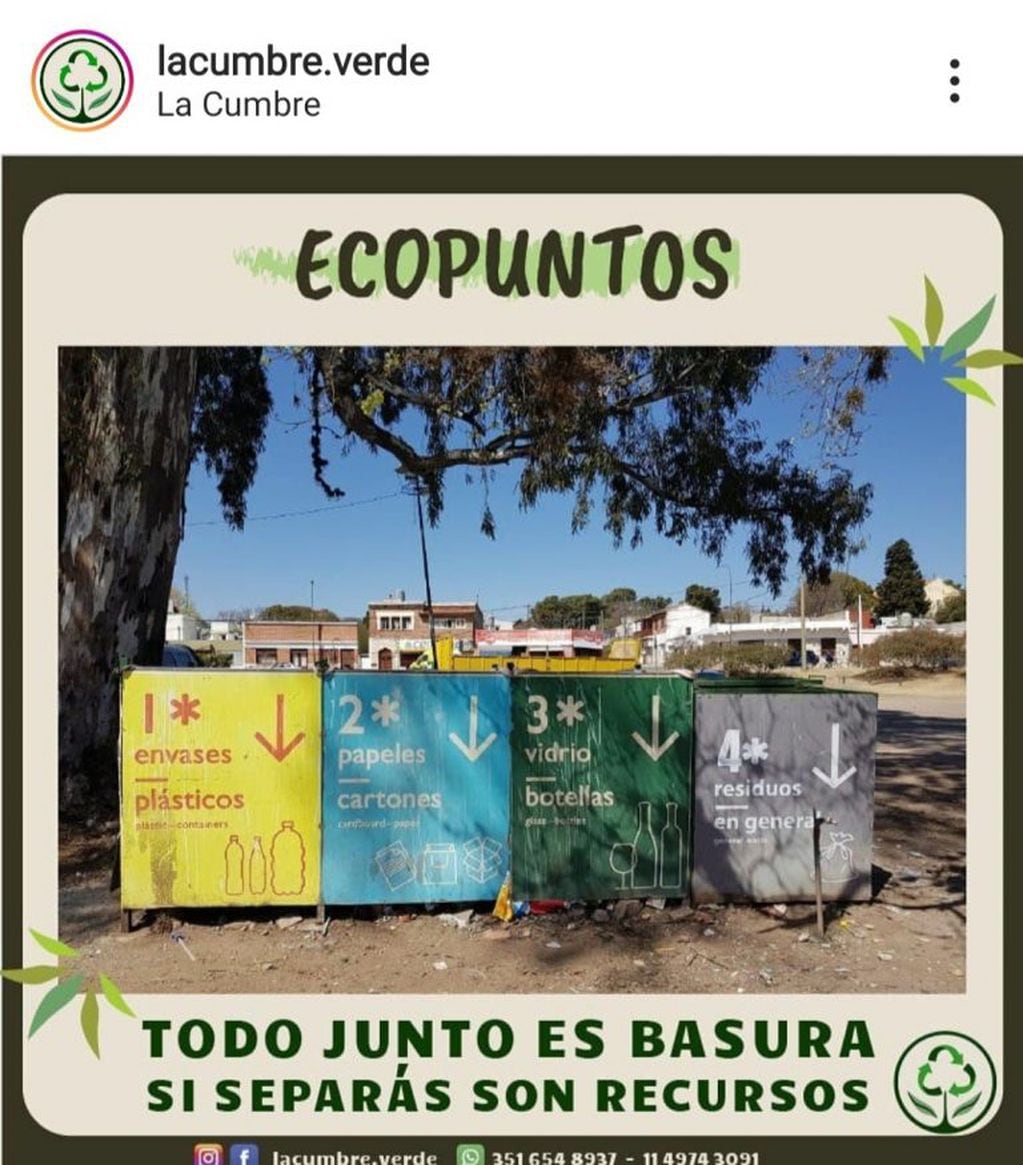 Recolección diferenciada de residuos en La Cumbre. (Foto: Instagram / @lacumbre.verde).
