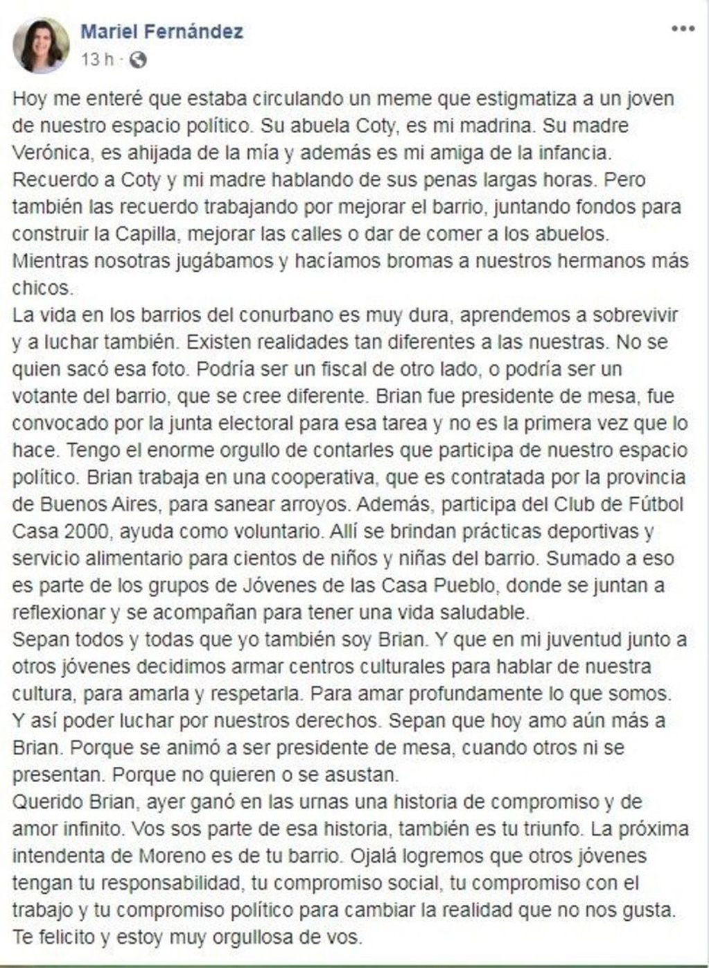 La carta que escribió Mariel Fernández, intendenta electa de Moreno.