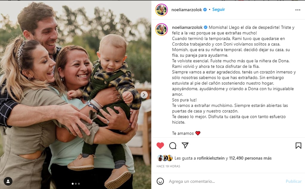 El tierno posteo de Noelia Marzol y su familia para Momish.