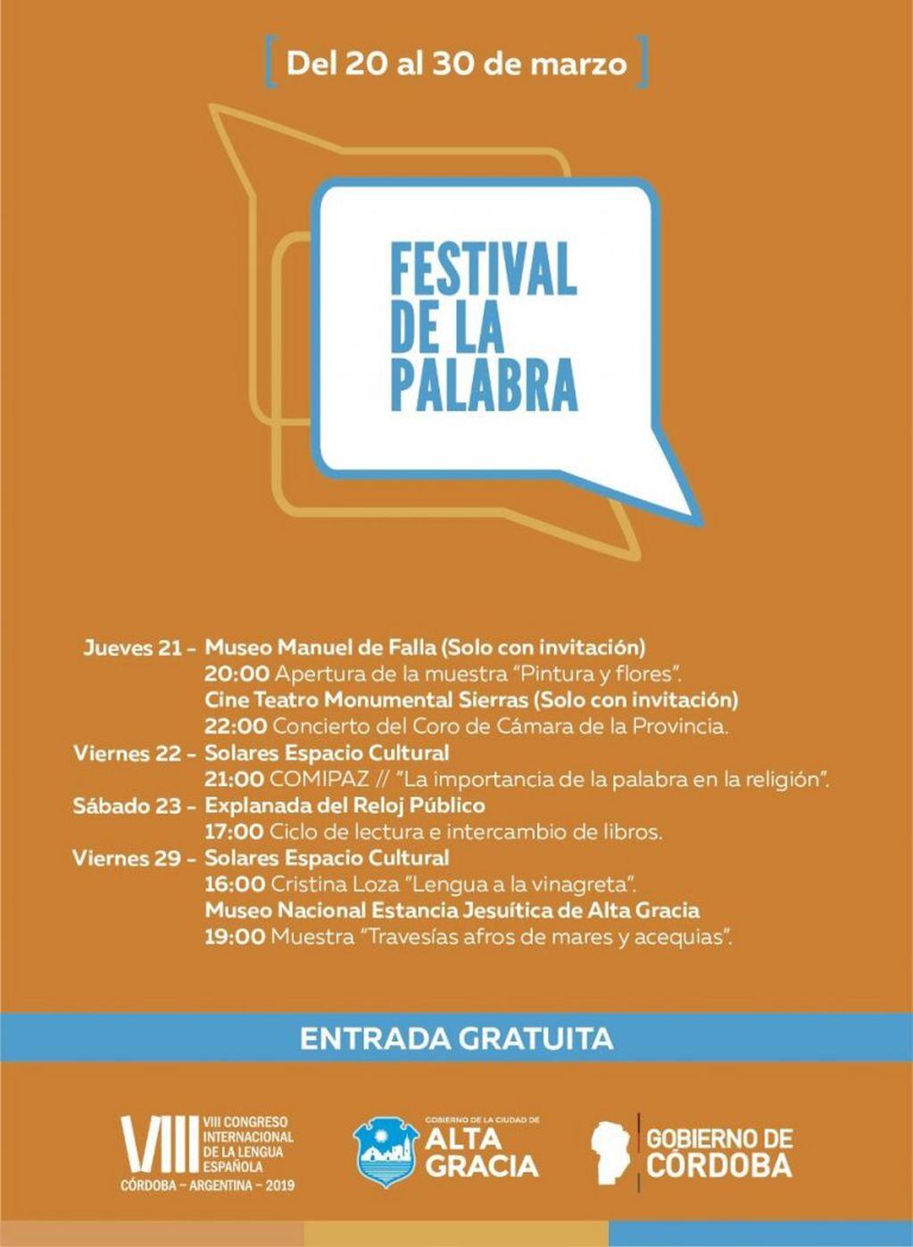 Cronograma Festival de la Palabra Alta Gracia 2019.