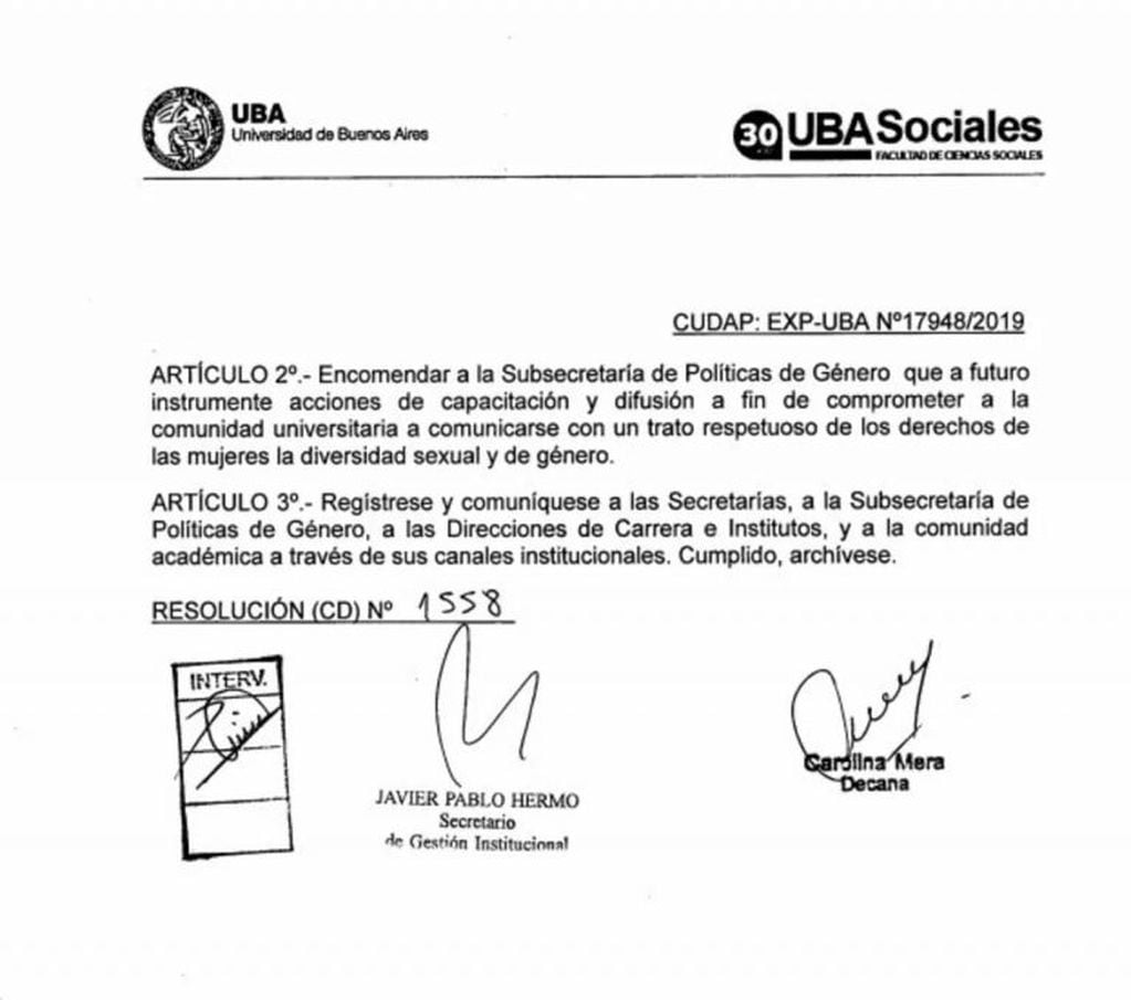 La resolución de la Facultad de Ciencias Sociales de la UBA (2)