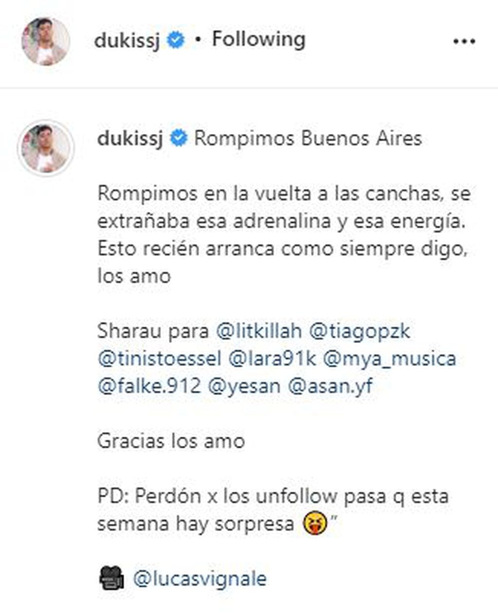 El mensaje de Duki en Instagram.