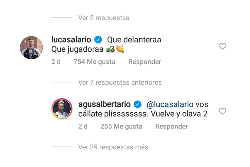 Los mensajes de Lucas Alario y Agustina Albertario.