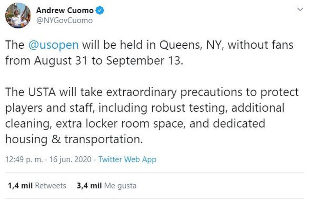 Tenis: el US Open se jugará en agosto y sin público. (Twitter/@NYGovCuomo)