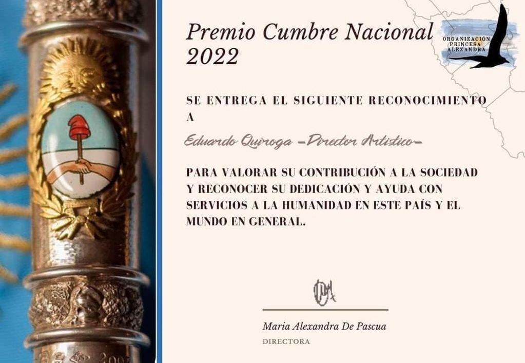 La Organización Princesa Alexandra reconoció la labor de Eduardo Quiroga como Director Artístico, otorgándole el Premio Cumbre Nacional 2022.