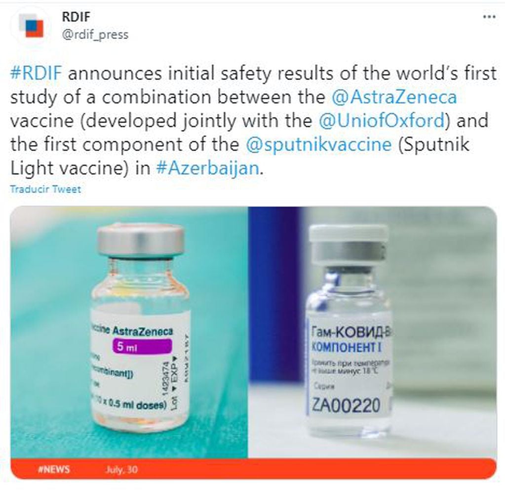 El Fondo Ruso adelantó que los primeros ensayos arrojan un resultado positivo respecto a la combinación de las dosis de vacunas Sputnik V y AstraZeneca contra el COVID-19.