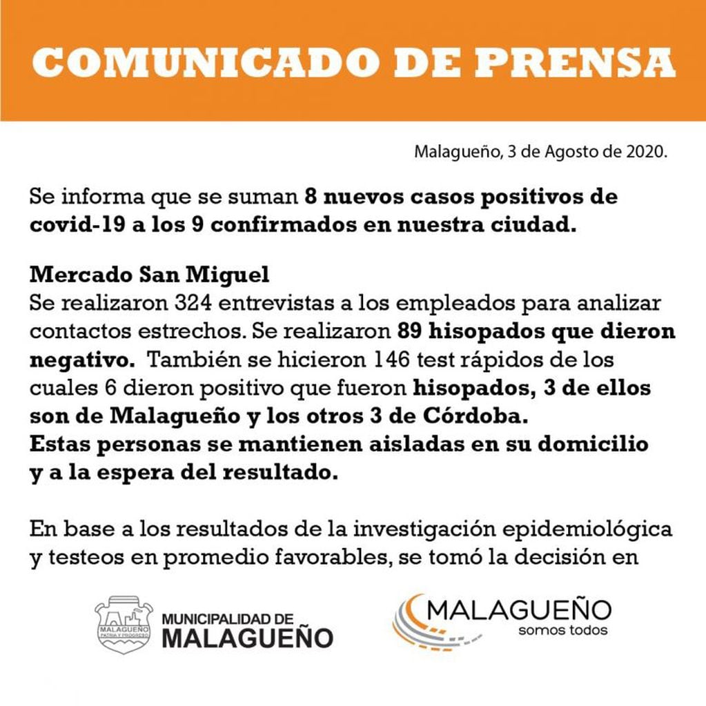 Comunicado de prensa difundido por Radio Municipal 87.9FM de Malagueño.