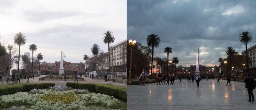 La foto tomada por Escandar en 2017 luego de una marcha de la CGT, a la izquierda; la plaza sin los canteros luego de su remodelación en mayo de 2018, a la derecha (Crédito:GCBA).