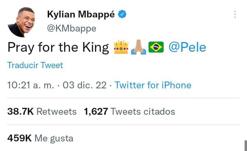 Kylian Mbappé pidió desde su cuenta de Twitter que recen por Pelé