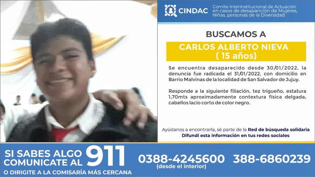 Carlos Alberto Nieva había sido visto por última vez el domingo pasado por su madre, quien al día siguiente denunció su desaparición ante la Policía de Jujuy, que inició su búsqueda.