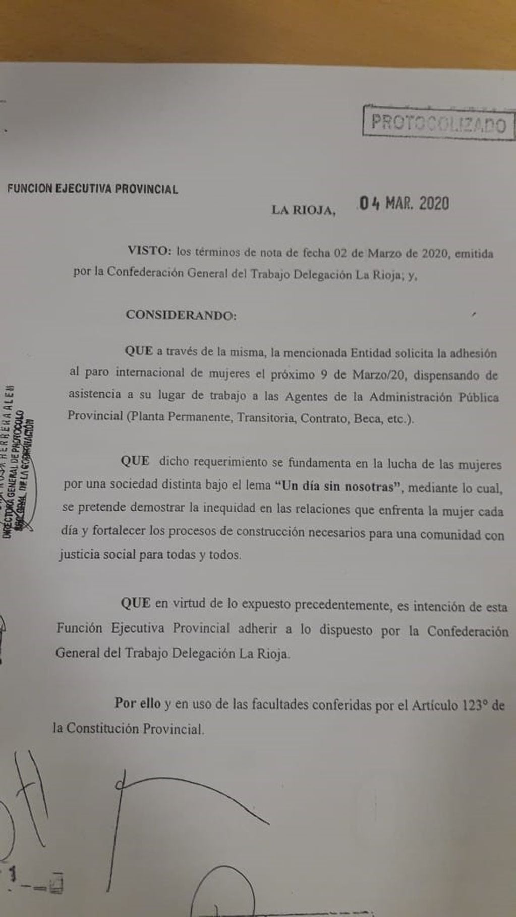 Decreto provincial 281/20 - Gobierno de La Rioja, Adhesión al Paro Internacional de Mujeres