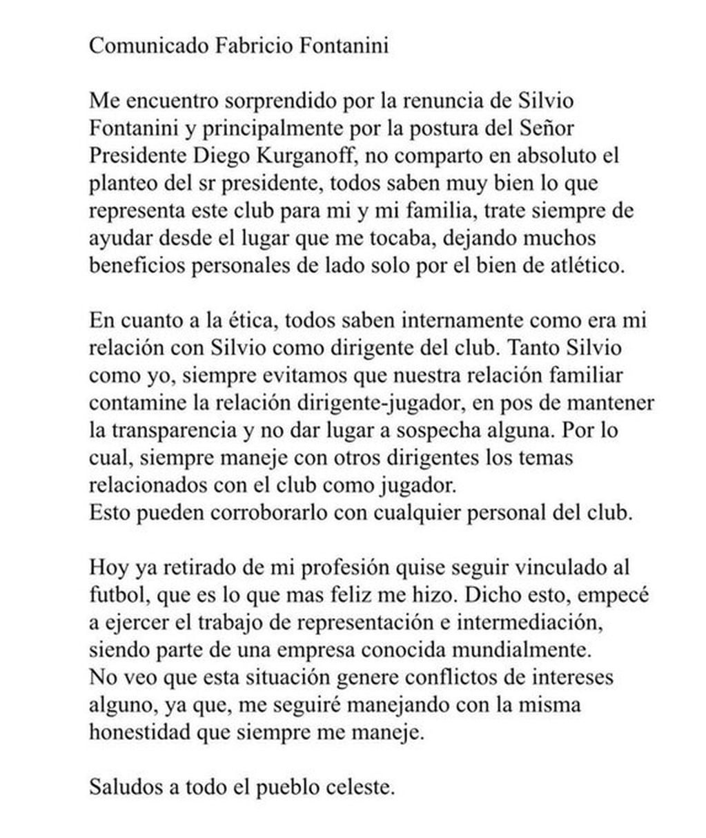 La carta de Fabricio Fontanini luego del escándalo en Atlético