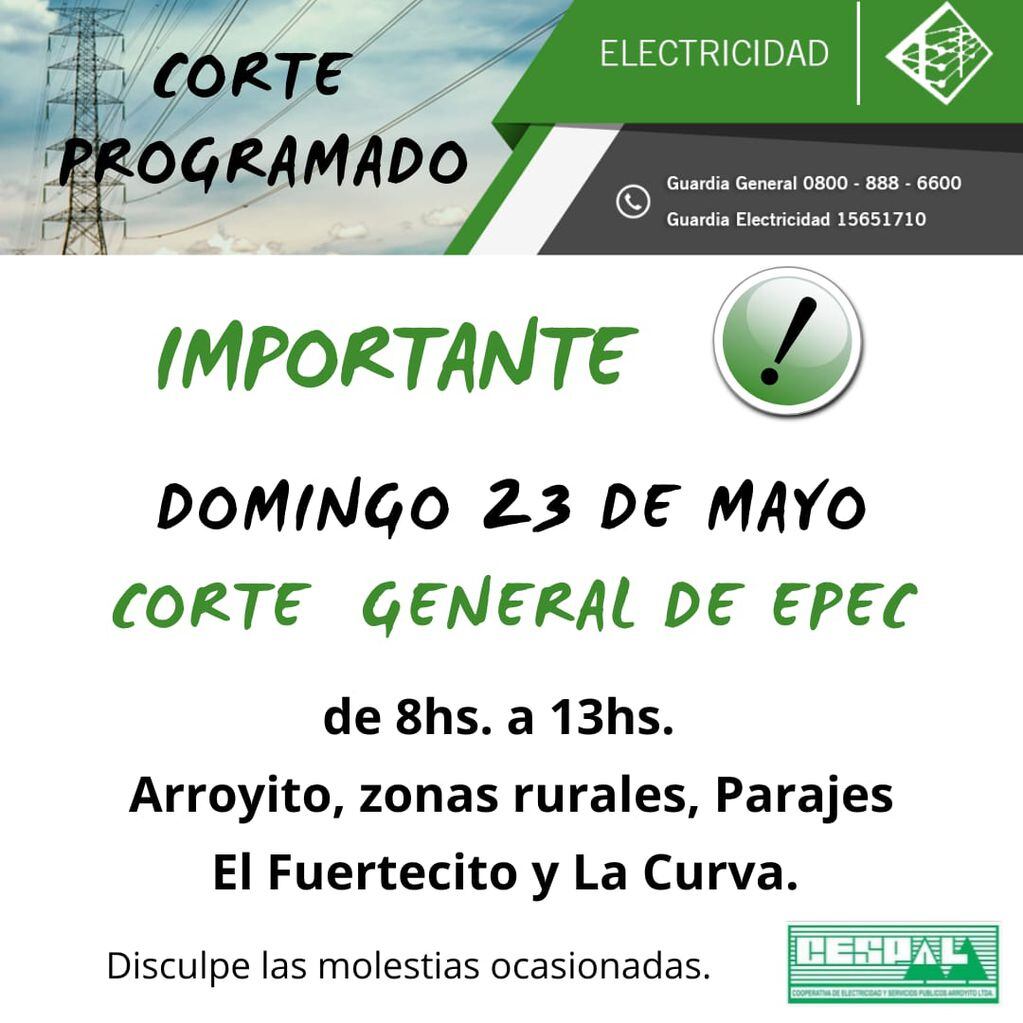 Corte de Energia de EPEC en Arroyito