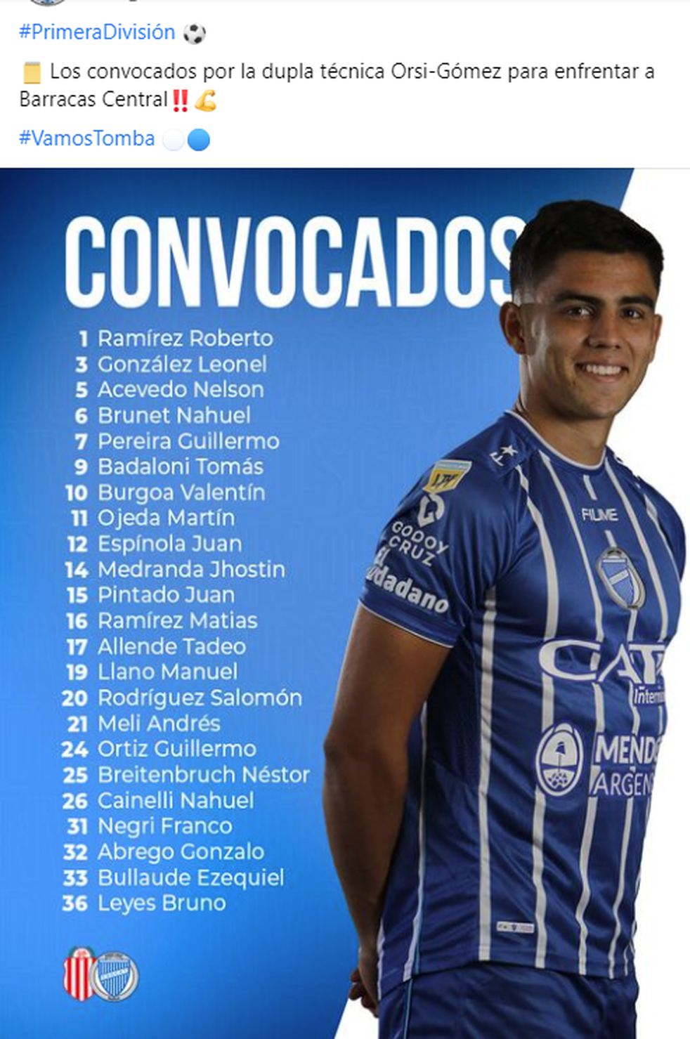 El tomba confirmó la lista de jugadores convocados para enfrentar a Barracas Central.