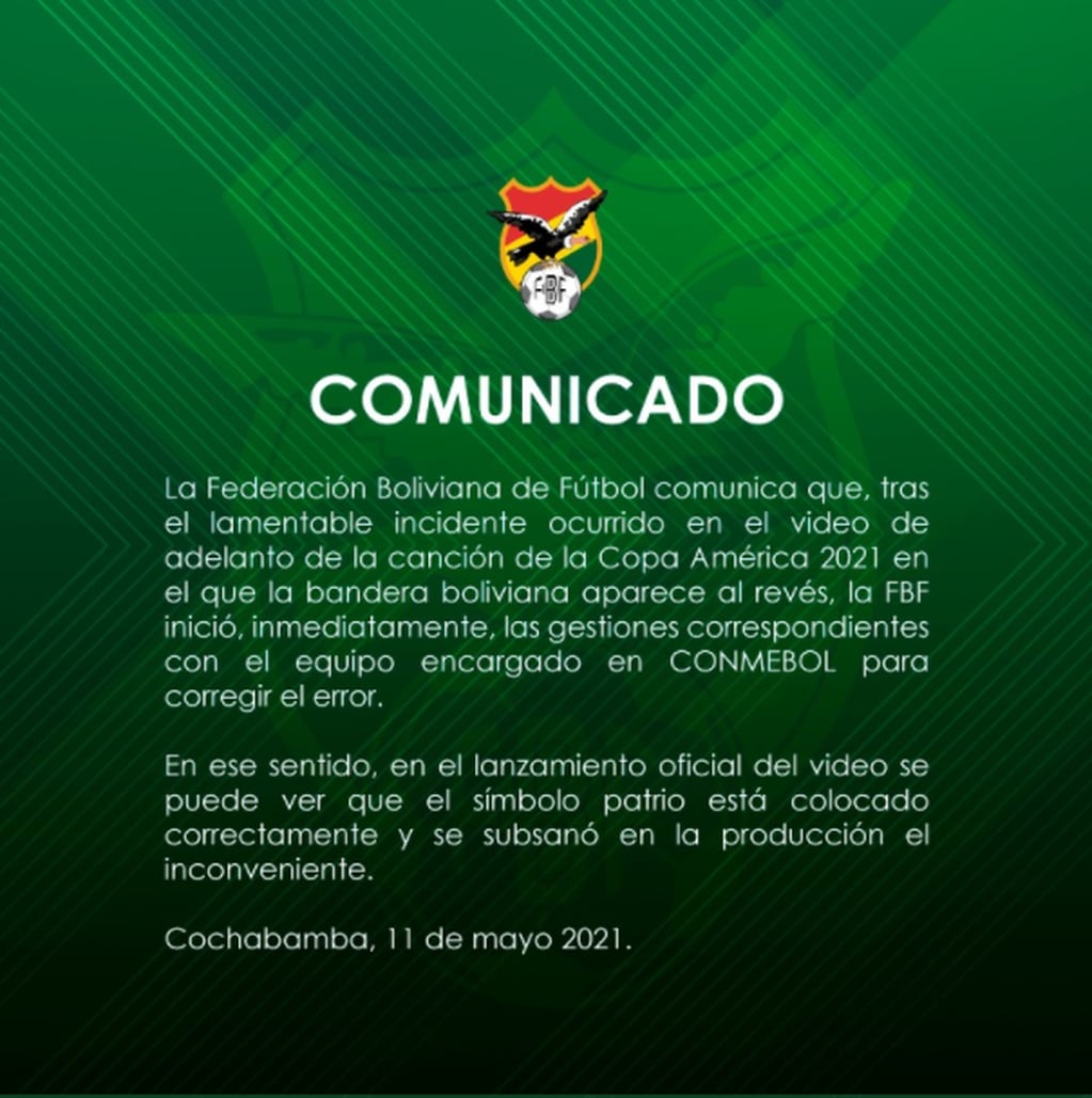 El comunicado de la Federación Boliviana de Fútbol.
