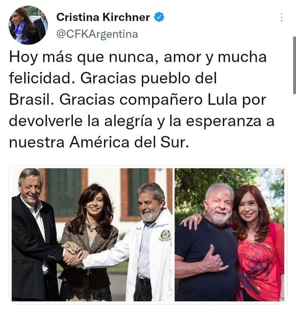 Lula da Silva es el nuevo presidente de Brasil y Cristina lo saludó con un afectuoso mensaje en Twitter