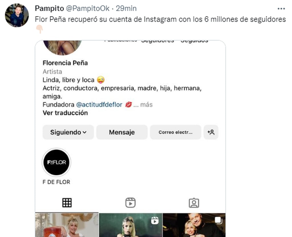 Flor Peña recuperó su cuenta original de Instagram.