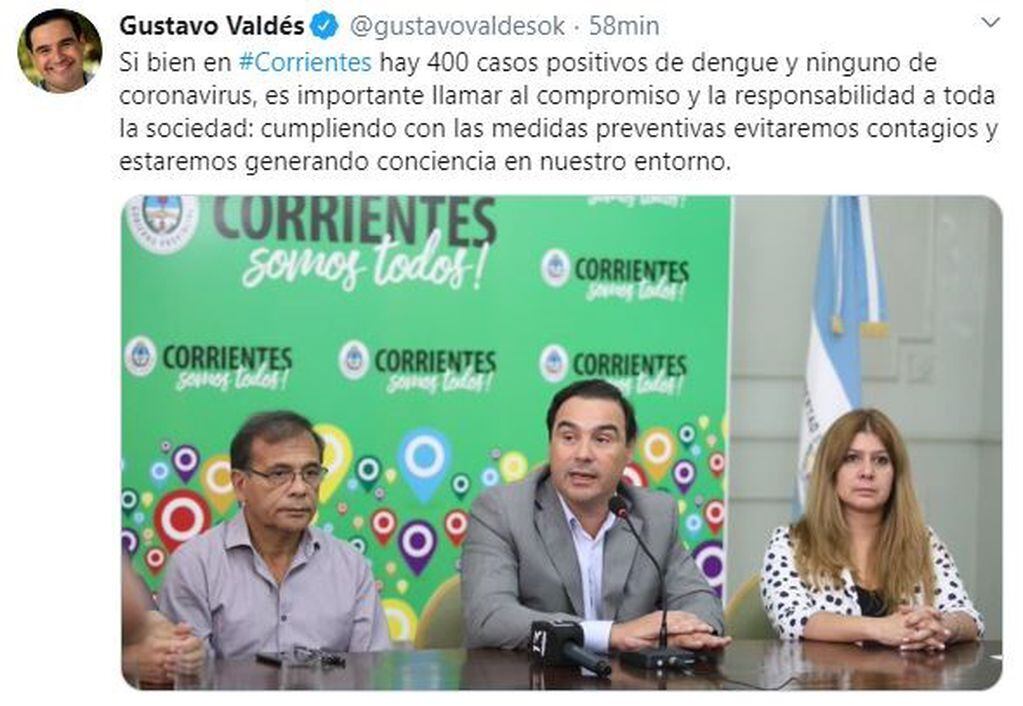 Gustavo Valdés declaró la emergencia en la lucha contra el Dengue y el Coronavirus. (Twitter)