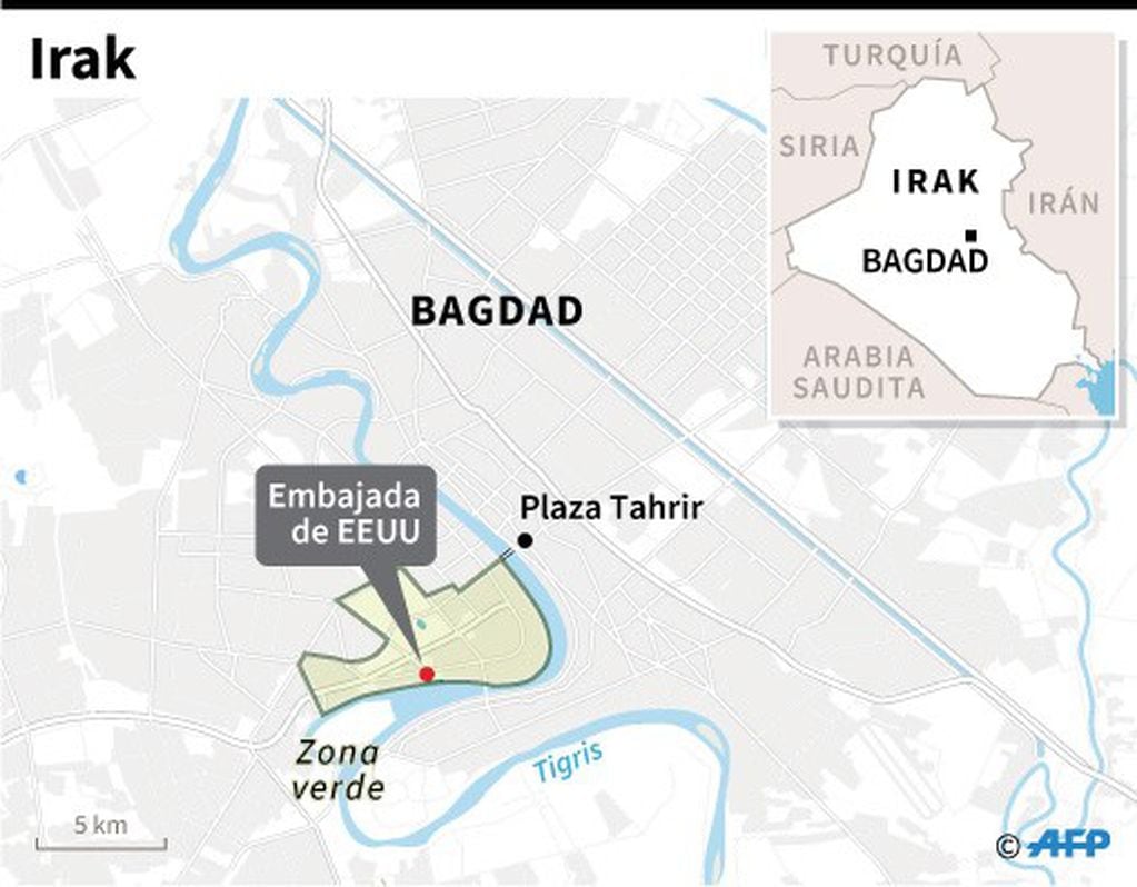 Mapa localizando la embajada de Estados Unidos en Irak, atacada este martes por miles de manifestantes (AFP)
