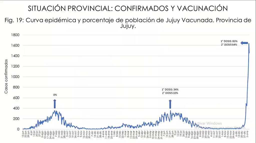 Cuadro que muestra la curva epidémica y el porcentaje de población vacunada contra la Covid-19 en Jujuy.
