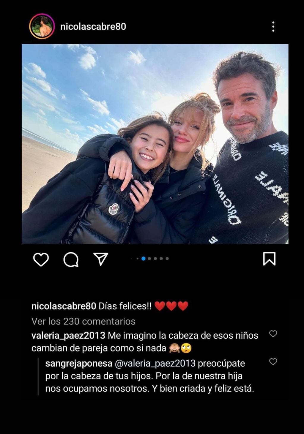 La reacción de la China Suárez a la foto de Nicolás Cabré junto a su hija Rufina y su nueva pareja Rocío Pardo